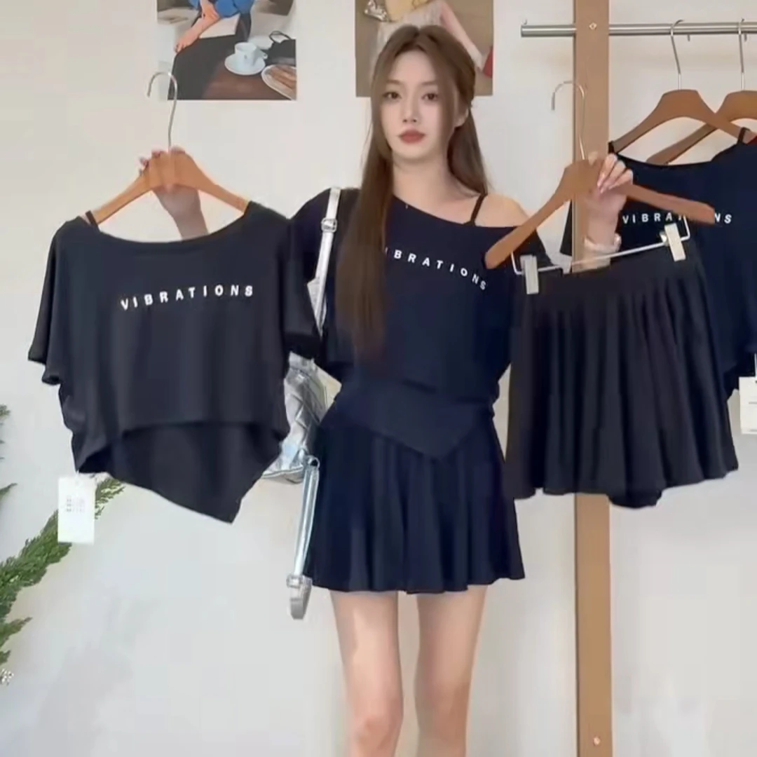 高腰百褶吸湿排汗字母套装韩系风短袖时尚T恤印花