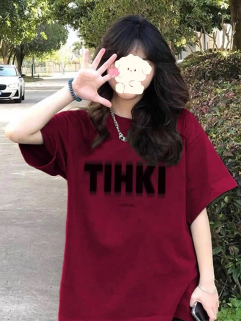 潮牌美式复古宽松酒红色短袖t恤女夏季2025新款设计感小众上衣