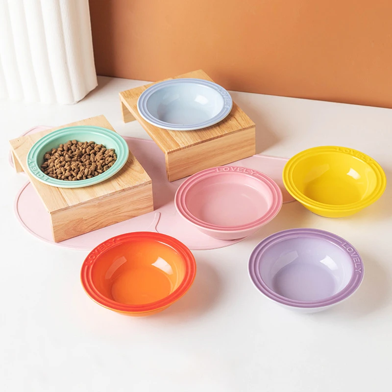 陶瓷猫碗防打翻饮水碗宠物餐盘防黑下巴吃饭碗粮碗可爱狗碗浅口