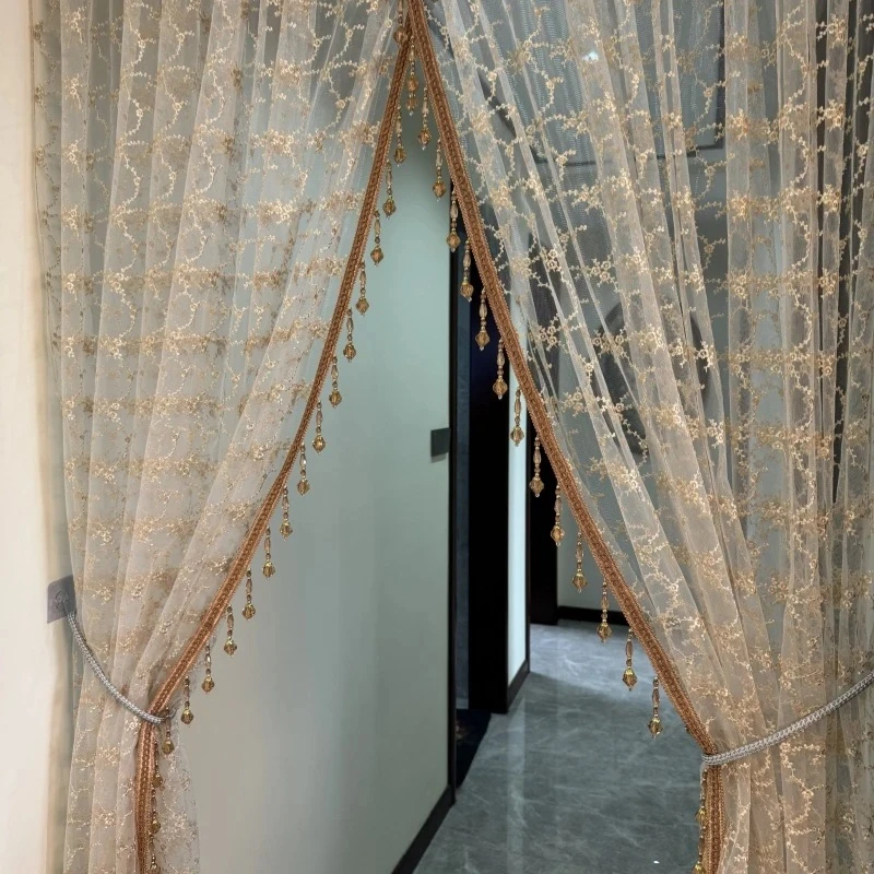 轻奢高定超仙法式交叉免打孔安装隔断弓形门门帘蕾丝卧室手工钉珠