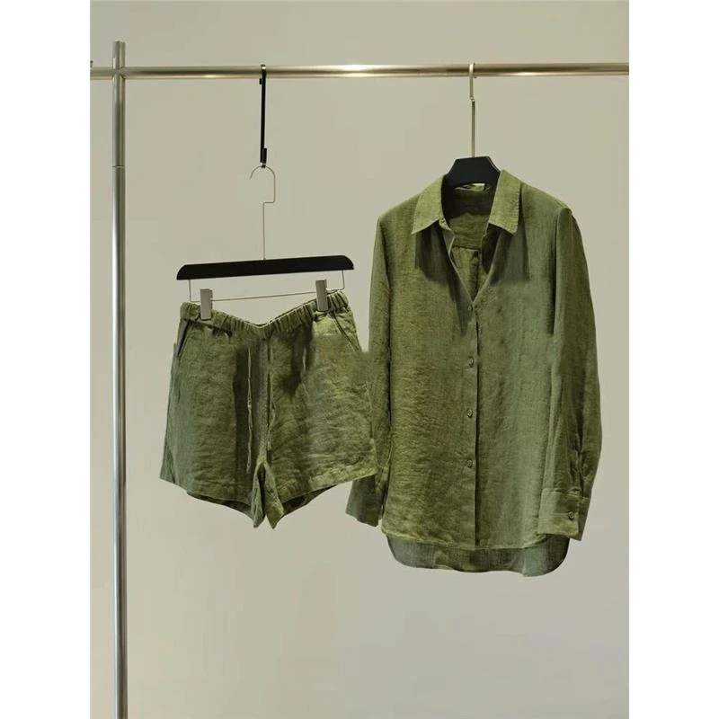 300斤大码绿色亚麻老钱风套装男女夏装一整套衬衫短裤两件套2