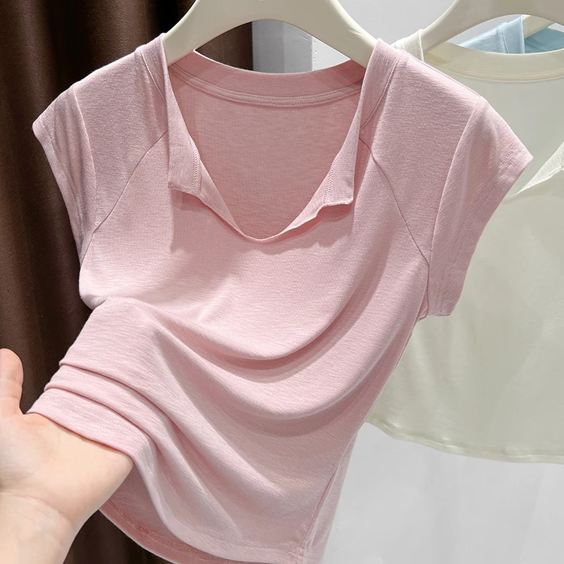 温柔风粉色冰丝U型领针织短袖T恤女士薄款翻领设计打底衫正肩上衣