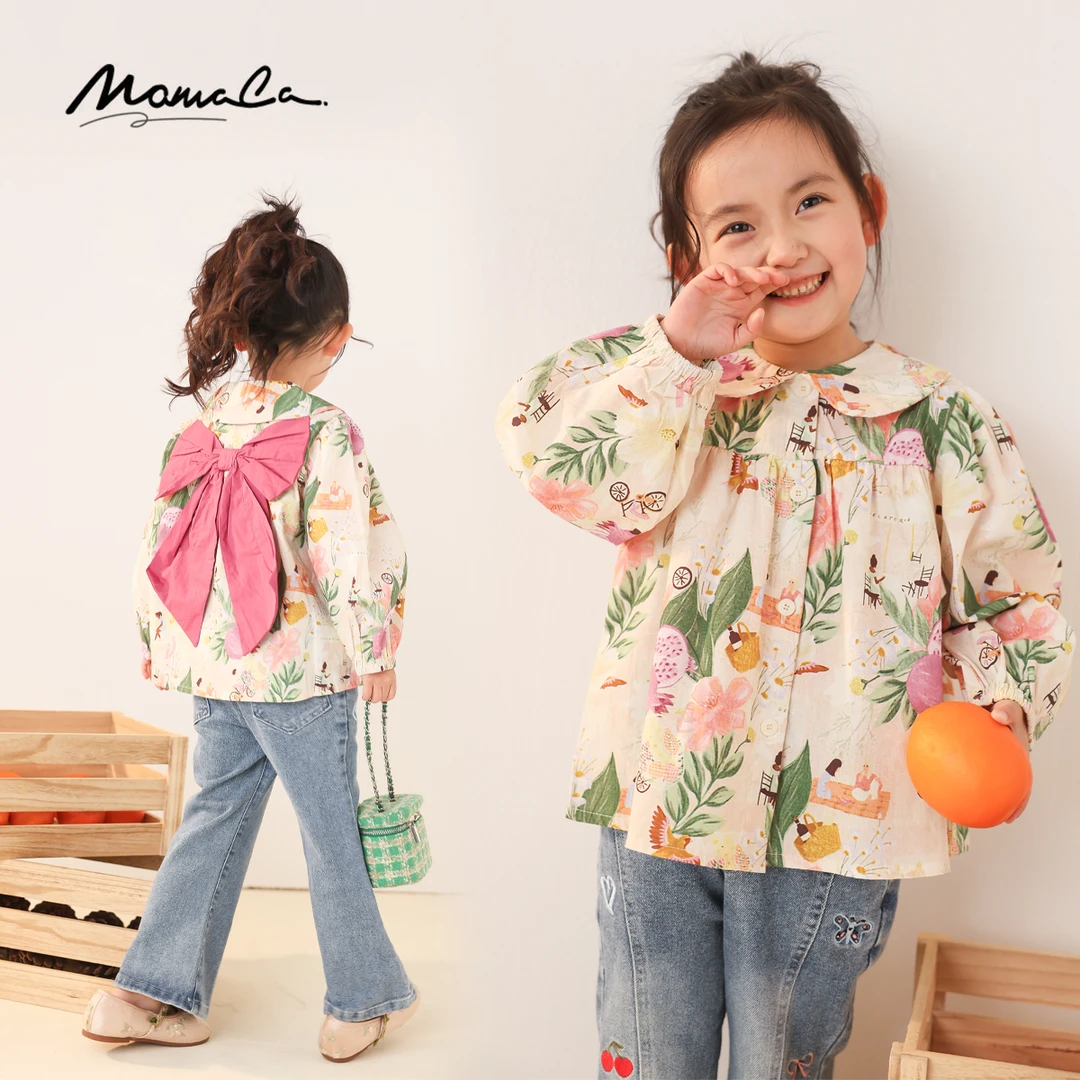 MOMOCO2025款春季女童时尚韩版蝴蝶结娃娃衫77530236001