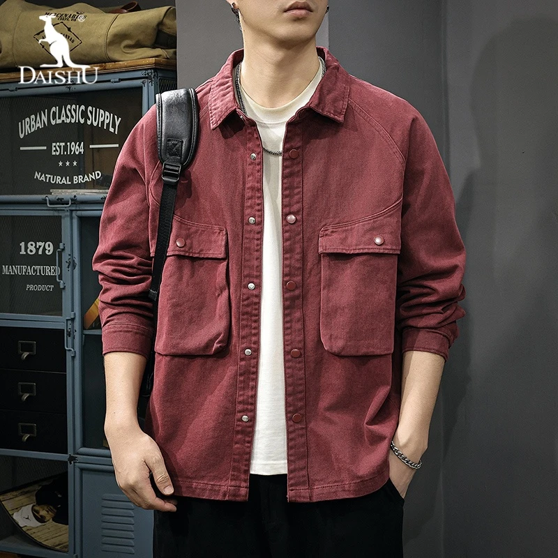Dai Shu/袋鼠秋季新款纯棉工装夹克男美式宽松衬衣痞帅通勤外套潮