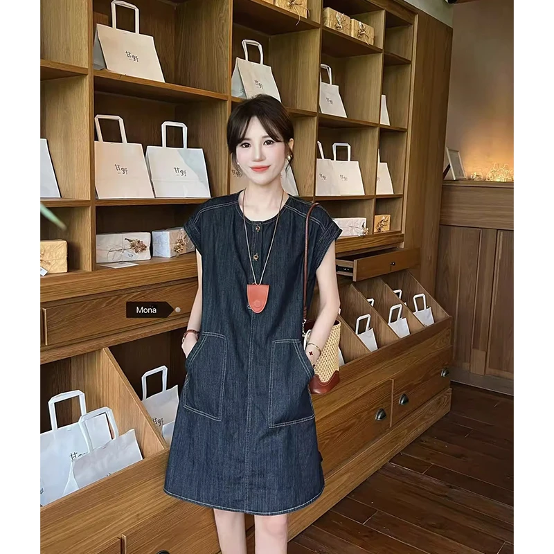 复古牛仔裙2025年夏季新款韩版简约气质韩系薄圆领牛仔连衣裙女