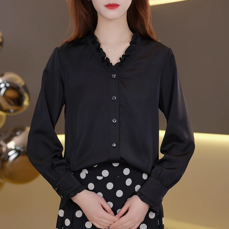 时尚百搭衬衣女2025年春季新款上衣休闲洋气显瘦长袖T恤衬衫