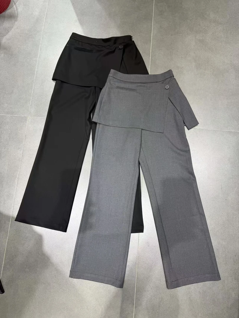 5817#2025春季新款设计感屁帘假两件休闲西装裤女高腰显瘦直筒裤