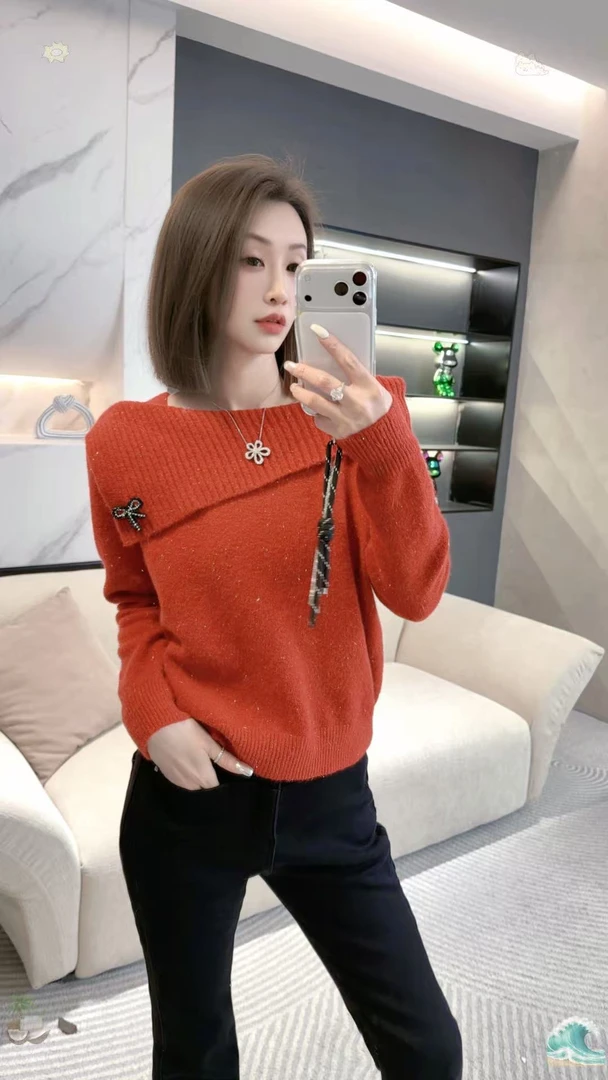 熙薇【斜暖有度】2025冬季新款设计师露肩针织衫毛衣H6789
