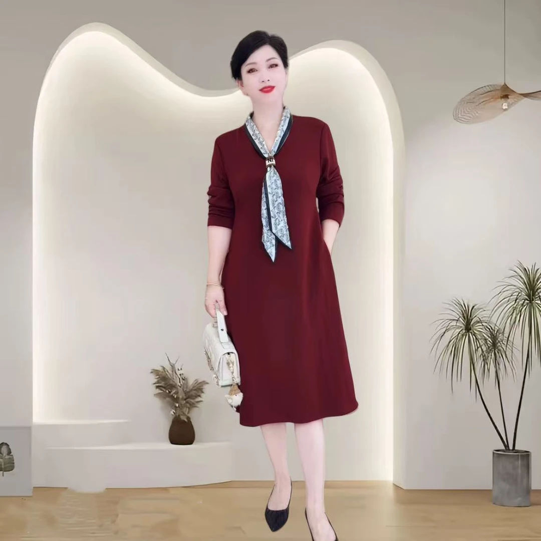 礼服秋季宽松腰优雅九分袖长袖围巾领连衣裙显瘦气质收腰裙子洋气