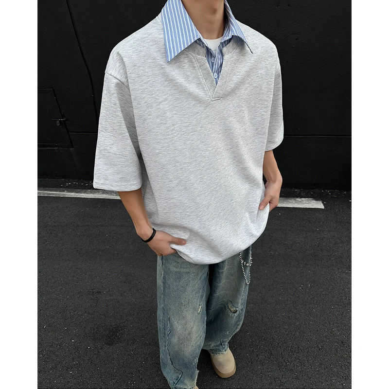 假两件衬衫领短袖t恤男款夏季美式复古潮牌重磅半袖宽松五分中袖