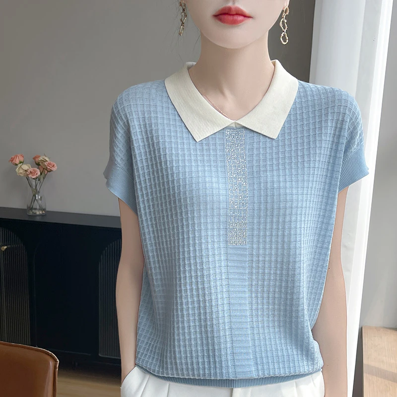 100莱赛尔天丝polo领针织短袖镶钻上衣边工艺晾感更舒服更透气
