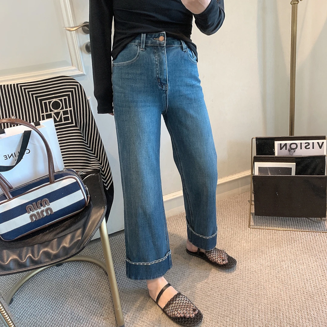 窄版翻边刺绣九分直筒裤2025秋季新款梨形身材高腰显瘦弹力牛仔裤