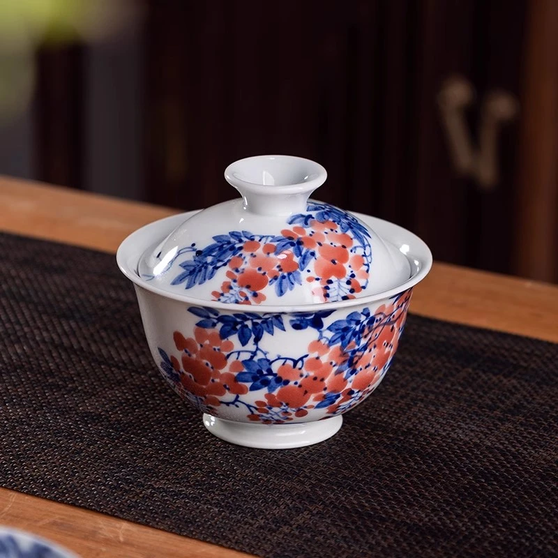 景德镇陶瓷手绘青花紫气东来二才盖碗功夫茶盖碗单个泡茶碗礼盒装