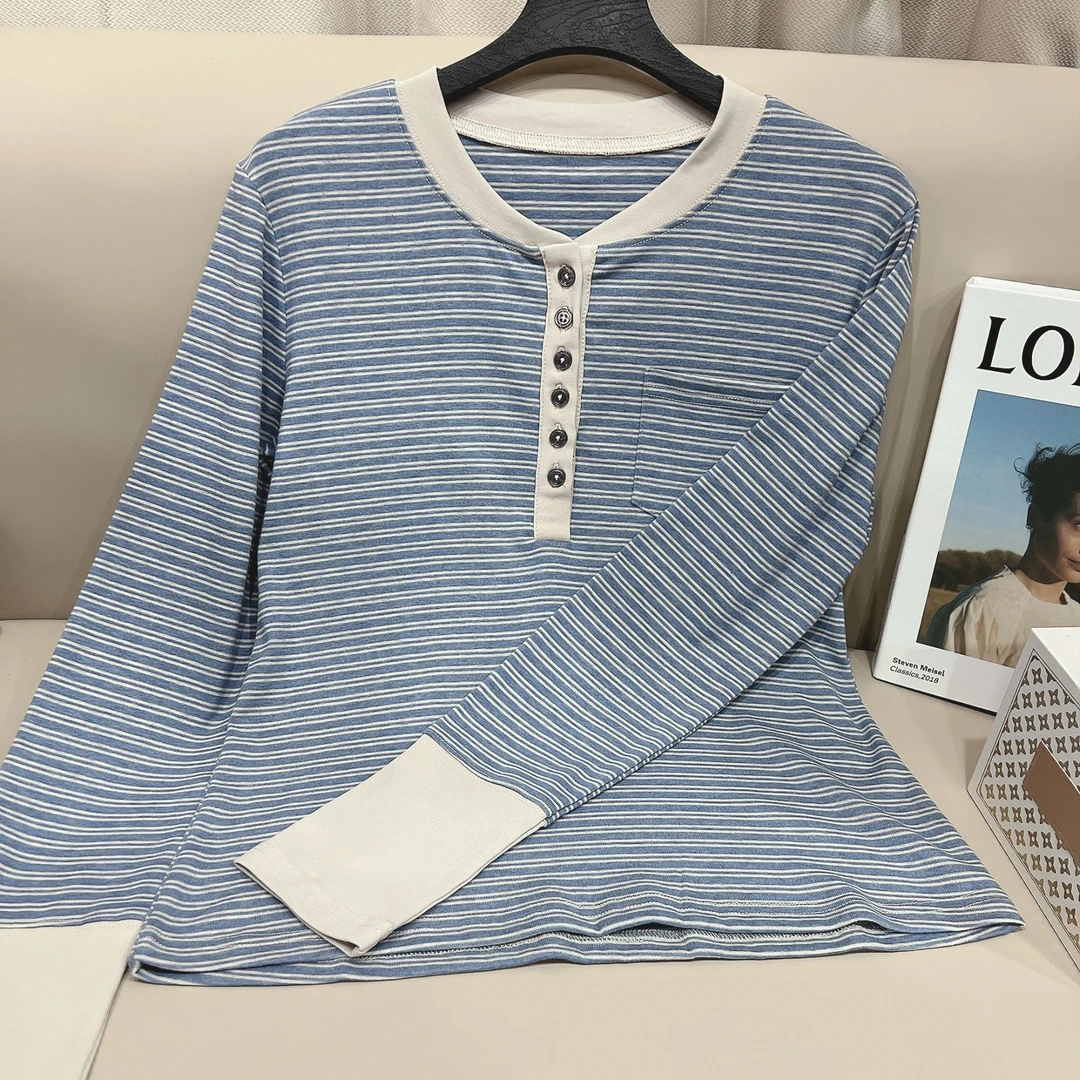 【口袋条纹】2025新款时尚圆领长袖T恤简约百搭女秋季显瘦