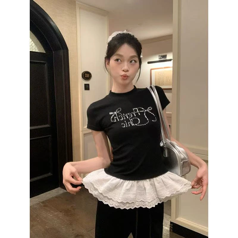 蝴蝶结烫钻拼接花边黑色短袖t恤女夏季修身显瘦正肩短款上衣