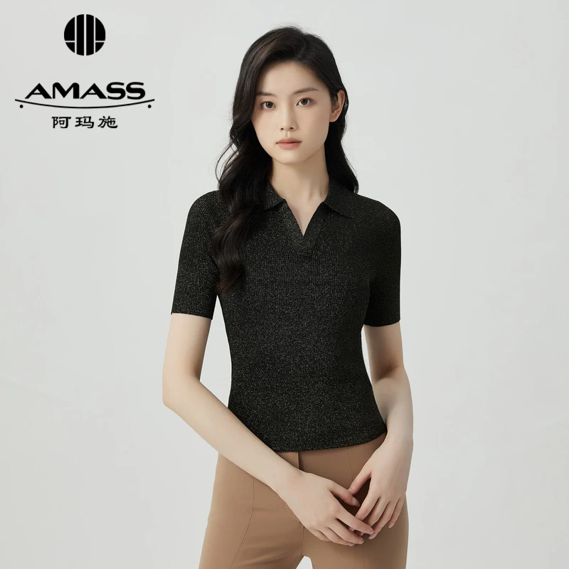 AMASS/阿玛施新款细闪经典短袖百搭poloV领薄款针织衫5399614