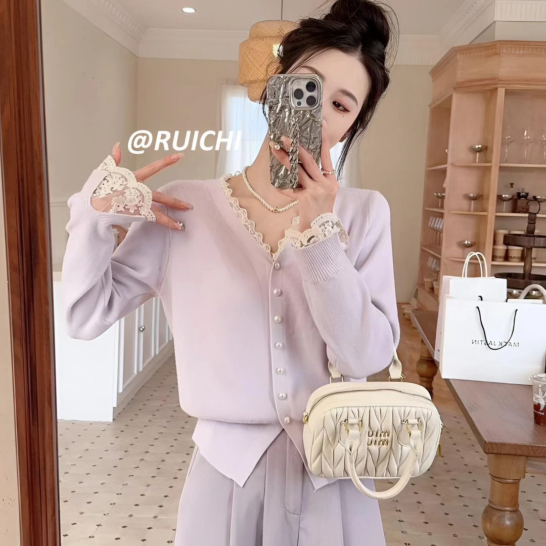 法式慵懒风百搭针织衫秋冬氛围感蕾丝针织衫开衫上衣法式