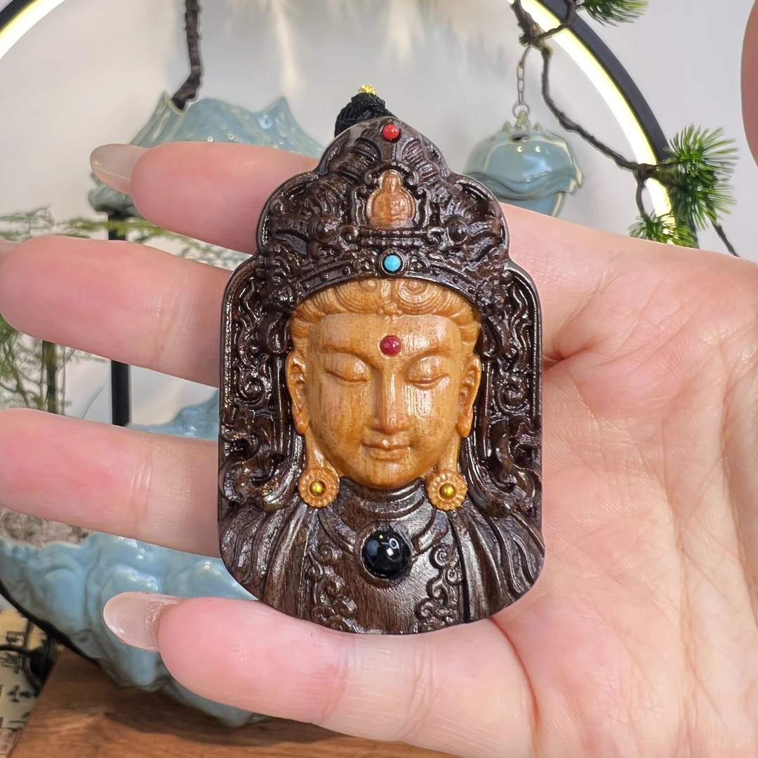 （镶嵌投影观音）吊坠巴布亚贡木天然复古原木雕刻文玩