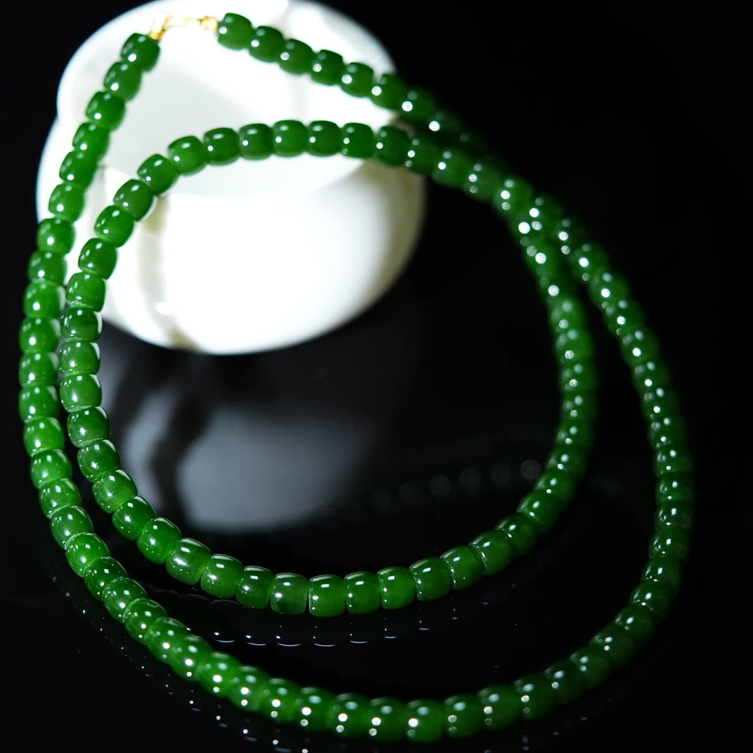 『小浩珠宝』碧诵｜天然和田玉碧玉老料·菠菜绿直切108颗7mm18k项链