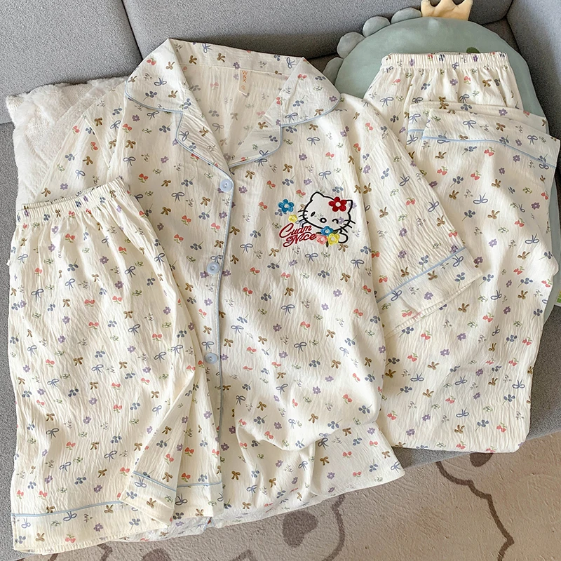 【碎花KT猫】日系甜美少女奶呼呼睡衣女夏季短袖短裤三件套装家居服