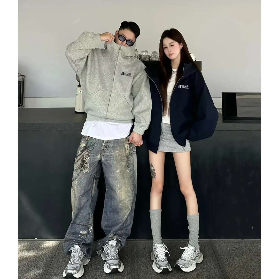 美式潮牌简约字母印花高领开衫连帽卫衣男女秋冬季休闲拉链外套衣