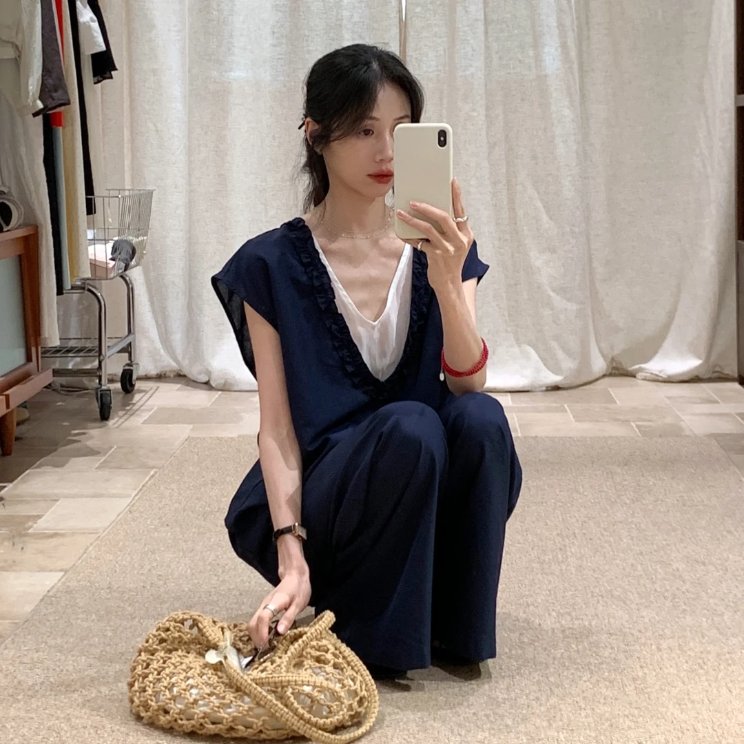 藏青花边拼接无袖上衣女2025夏季新款高腰阔腿裤时尚两件套