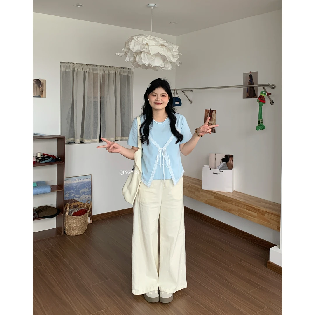 QINGYUS-吊带拼接假两件蕾丝花边T恤上衣微胖显瘦春季大码女装