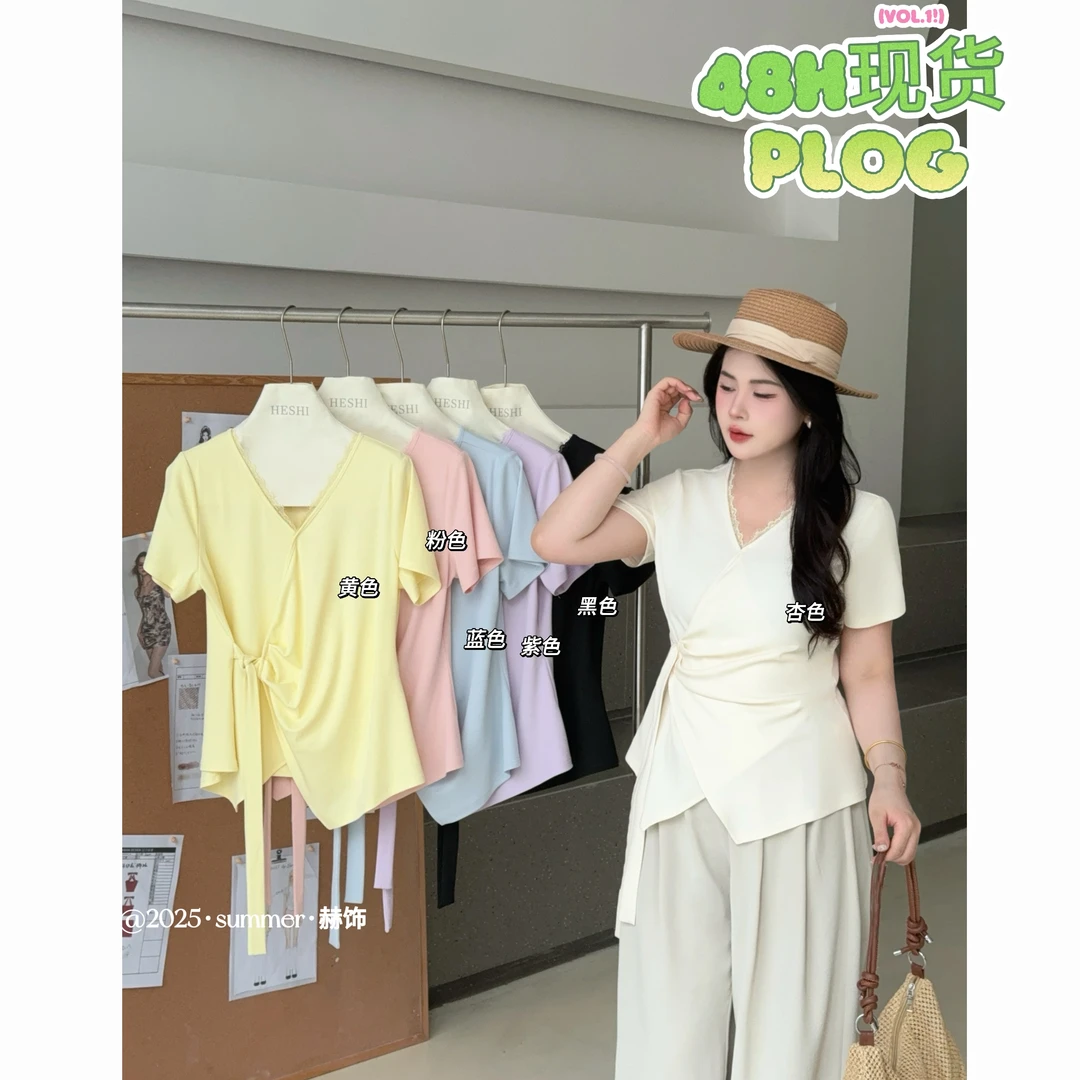 现货【嘎嘎】胖MM新款短袖t恤2025夏季大码遮肉显瘦上衣05009D