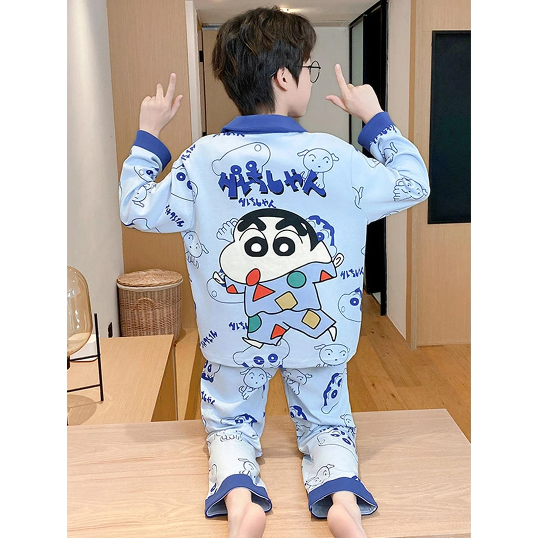 FAVMARTHA2025新款男童睡衣春秋季纯棉长袖蜡笔小新男孩大童儿童