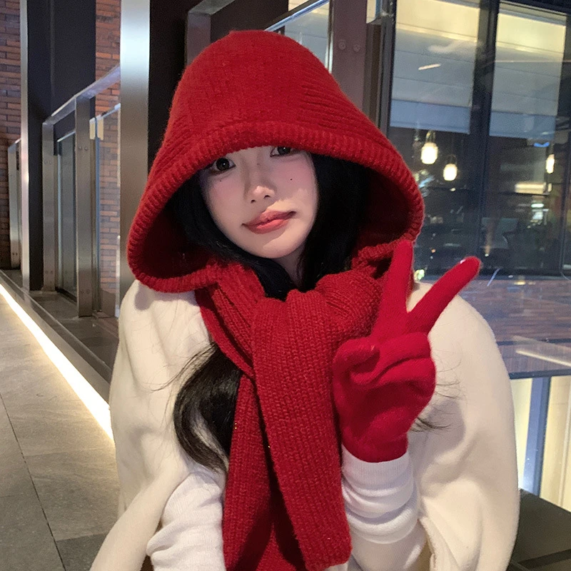 新年红色巴拉克拉帽女秋冬季保暖毛线帽子围巾一体连帽围脖针织帽