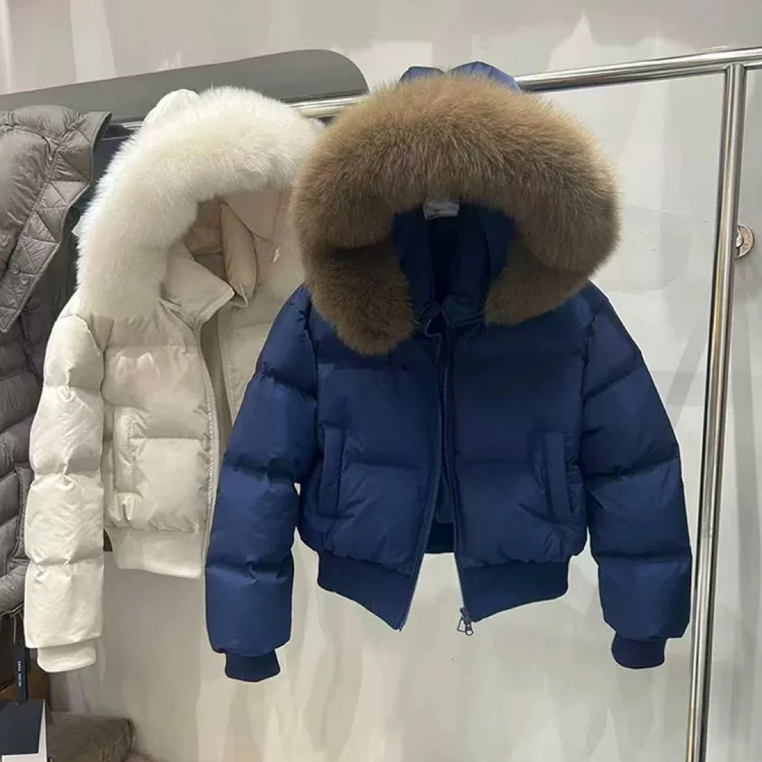 2025新款冬季短款可拆狐狸毛领羽绒服女加厚高腰时尚休闲宽松外套