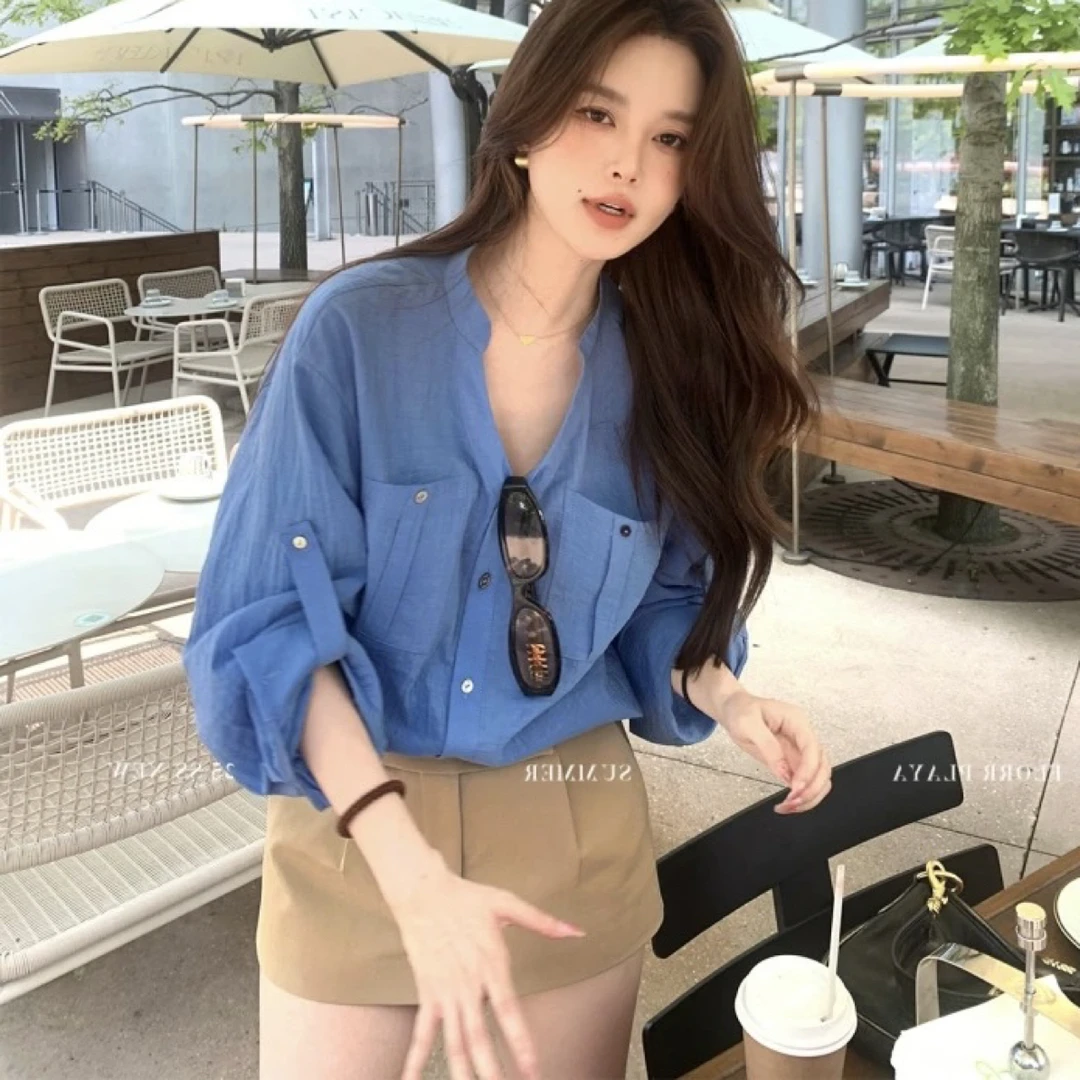 花花媛 夏日封神衬衫！老钱风亚麻立领衬衫女夏宽松气质薄款上衣