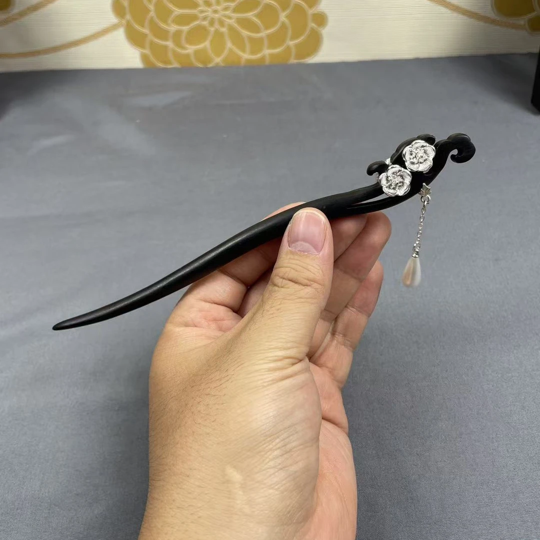 双面18厘米黑檀木发簪发钗新中式头饰发饰古风盘发簪簪子步摇流苏