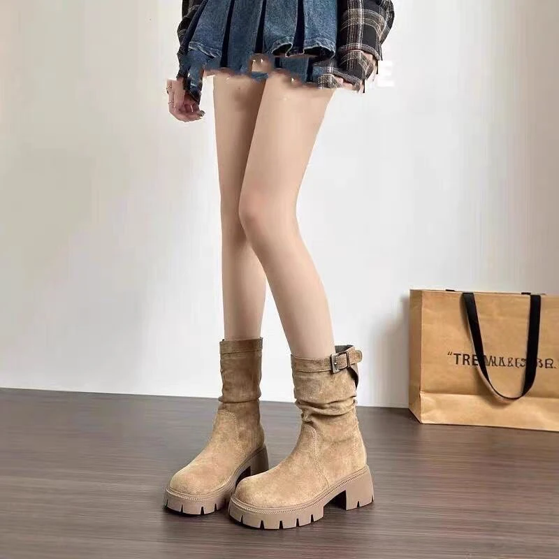 韩版百搭堆堆短靴女2025新款秋冬季粗跟厚底增高复古英伦风马丁靴