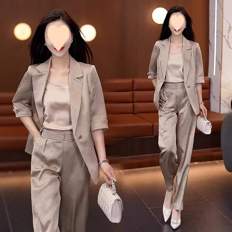 冰丝西装套装女夏季轻奢高级感垂感薄款短袖外套阔腿裤职业三件套