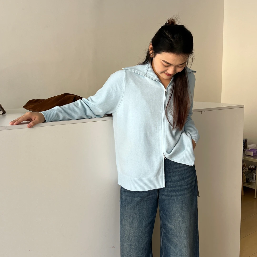 拉链立领  开衫针织毛衣  韩系打底毛衣翻领长袖毛针织衫纯色