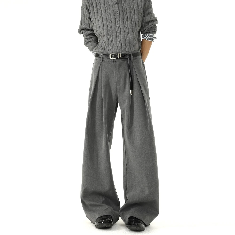 高级感灰色打褶弯刀西裤男士秋季潮cleanfit垂感阔腿裤宽松休闲裤