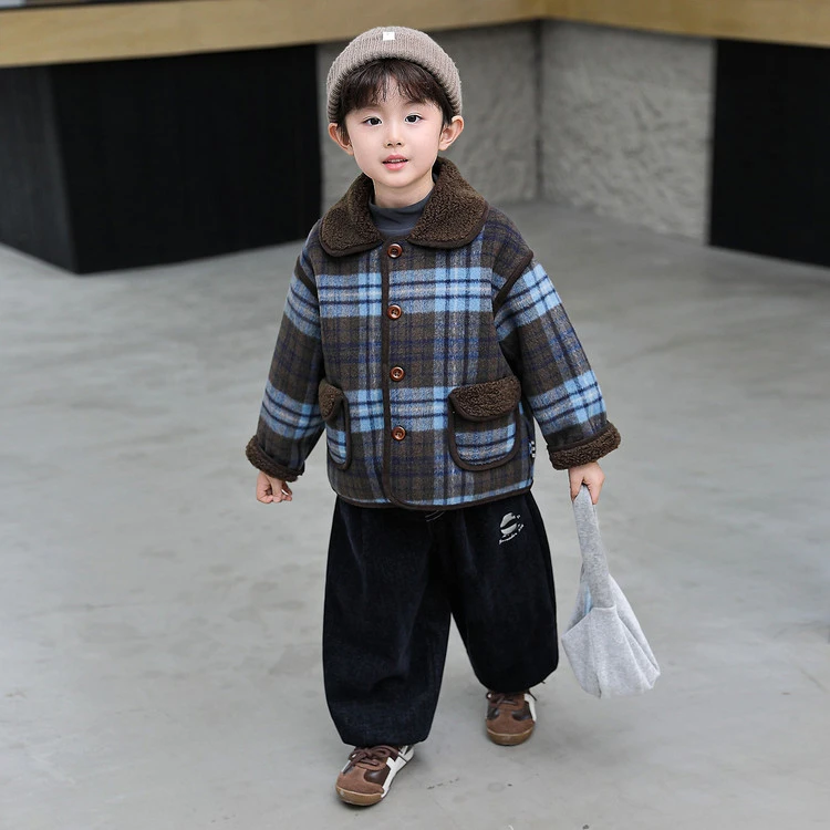 男童加绒套装秋冬2025新款酷帅潮流男宝格子上衣冬装加厚呢子外套