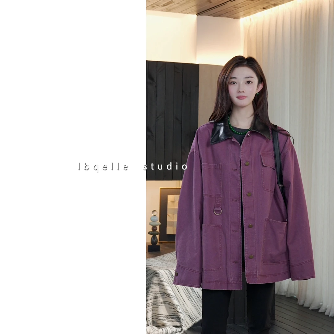 酒红色 翻领 宽松外套 大