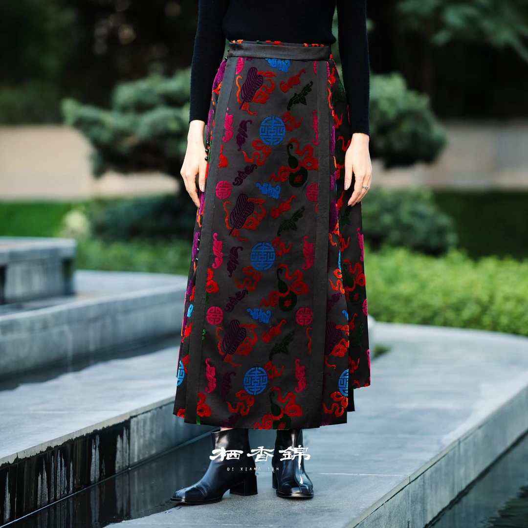 【栖香锦】“七彩八宝葫芦” 设计师款 新中式 全熟丝漳缎马面裙
