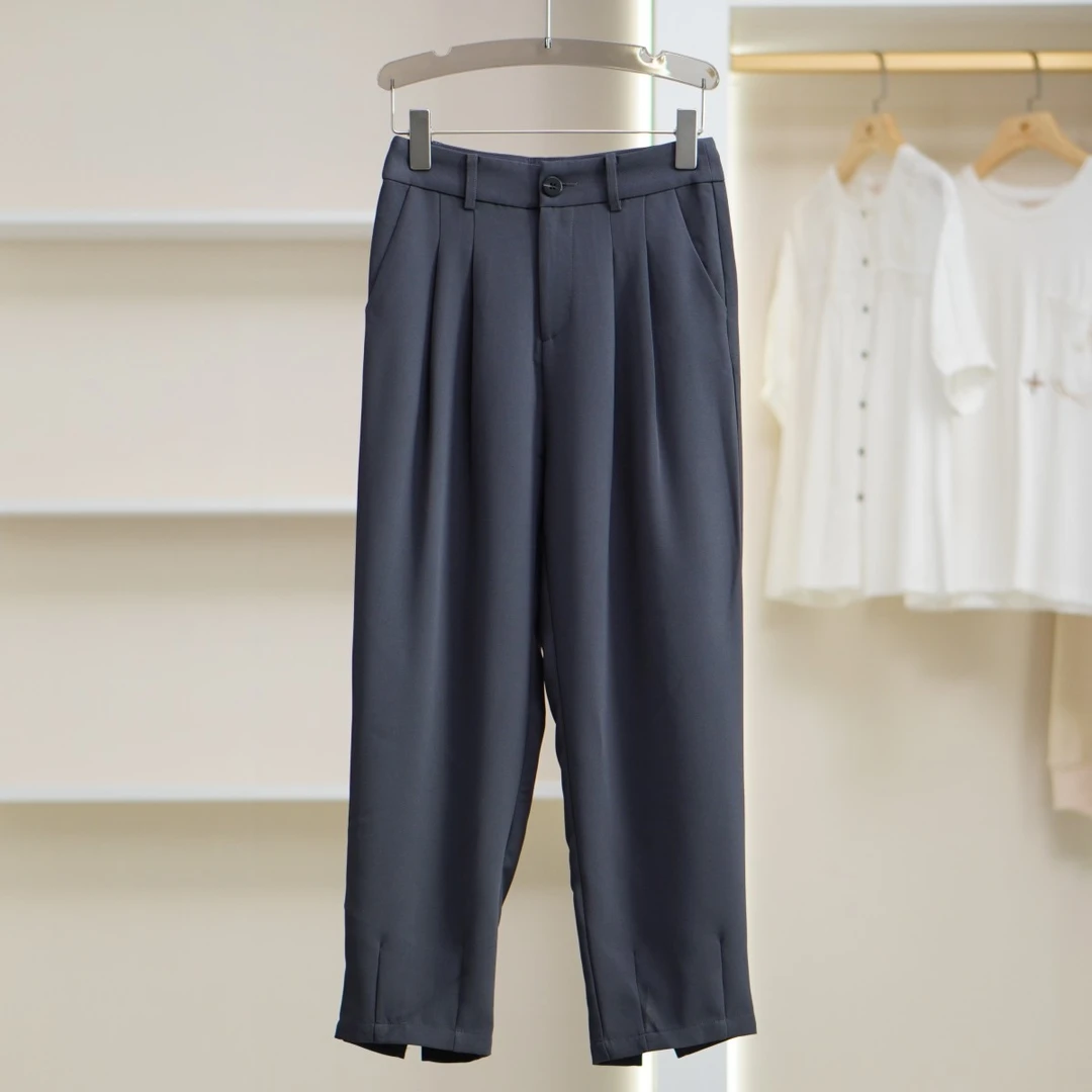 【诗M】E026 女装春简约开叉九分休闲裤灰色2125099