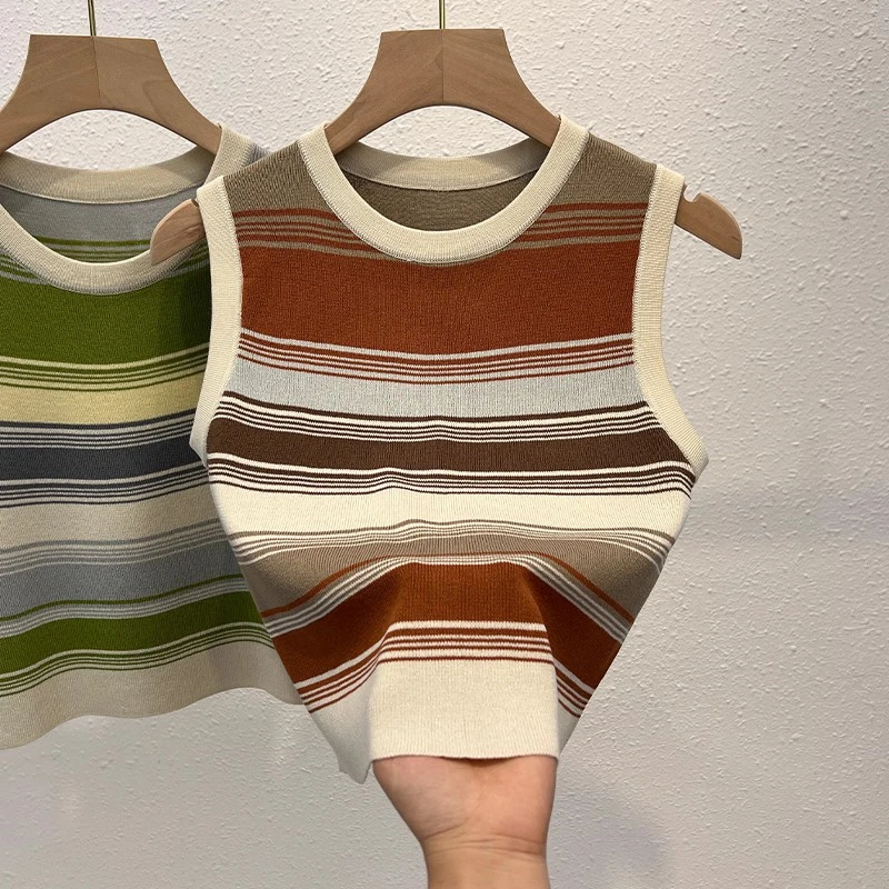 漂亮小衫高端女装新款夏季背心宽松显瘦针织衫条纹女休闲无袖T恤