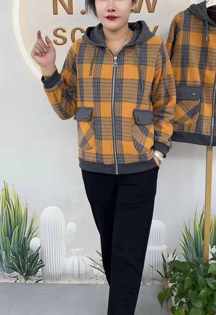 拼色帽加绒格子拉链外套上档次爆款精品减龄流行潮款时髦时尚优雅