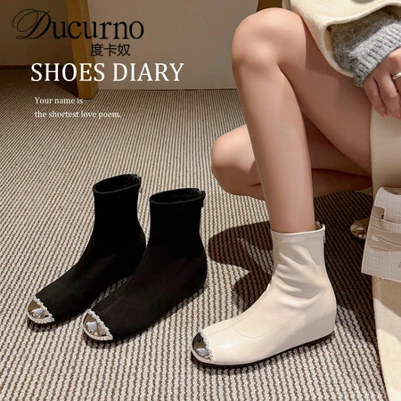 DUCURNO高级感时尚铁头水钻弹力靴女内增高玛丽珍瘦瘦靴网红短靴