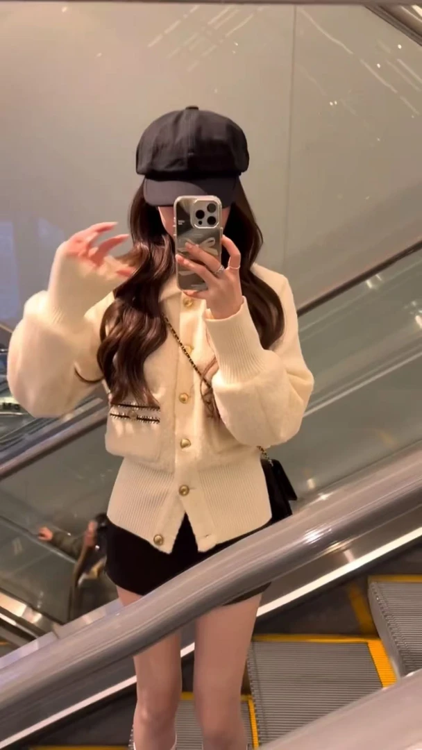 韩系小香风白色毛毛外套女2025新款高级感黑色高腰半身裙两件套