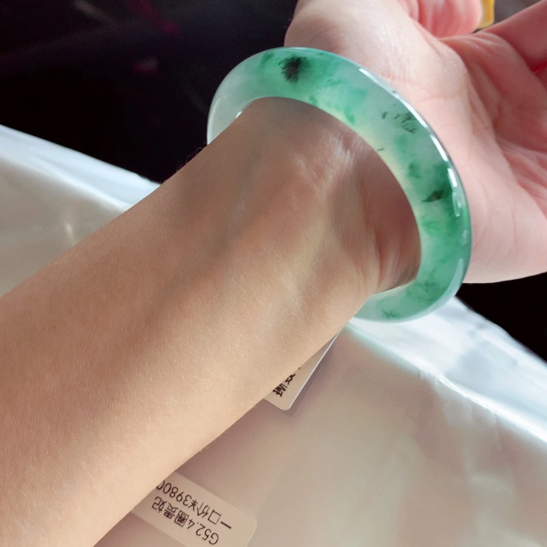 翡翠未镶嵌手镯（贵妃镯）52.4贵妃 绝美炸光水墨画超值性价比 灵
