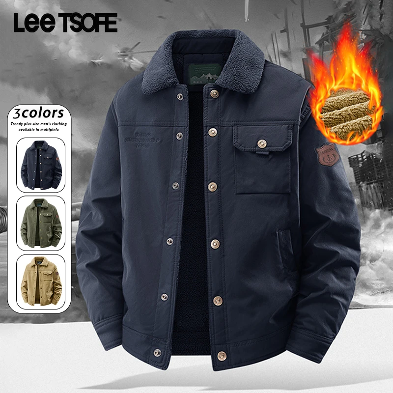 LEE TSOFE2025男秋季羊羔绒水洗夹克宽松加厚休闲翻领大码外套