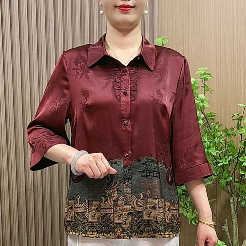 夏季中老年妈妈丝缎薄款印花上衣洋气开衫时尚外穿国风新款女衬衫