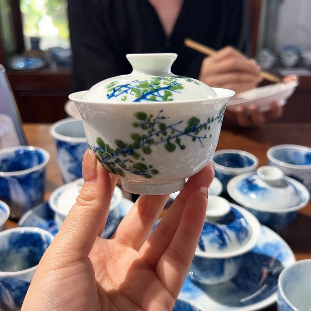 杯米*青花手绘绿梅盖碗