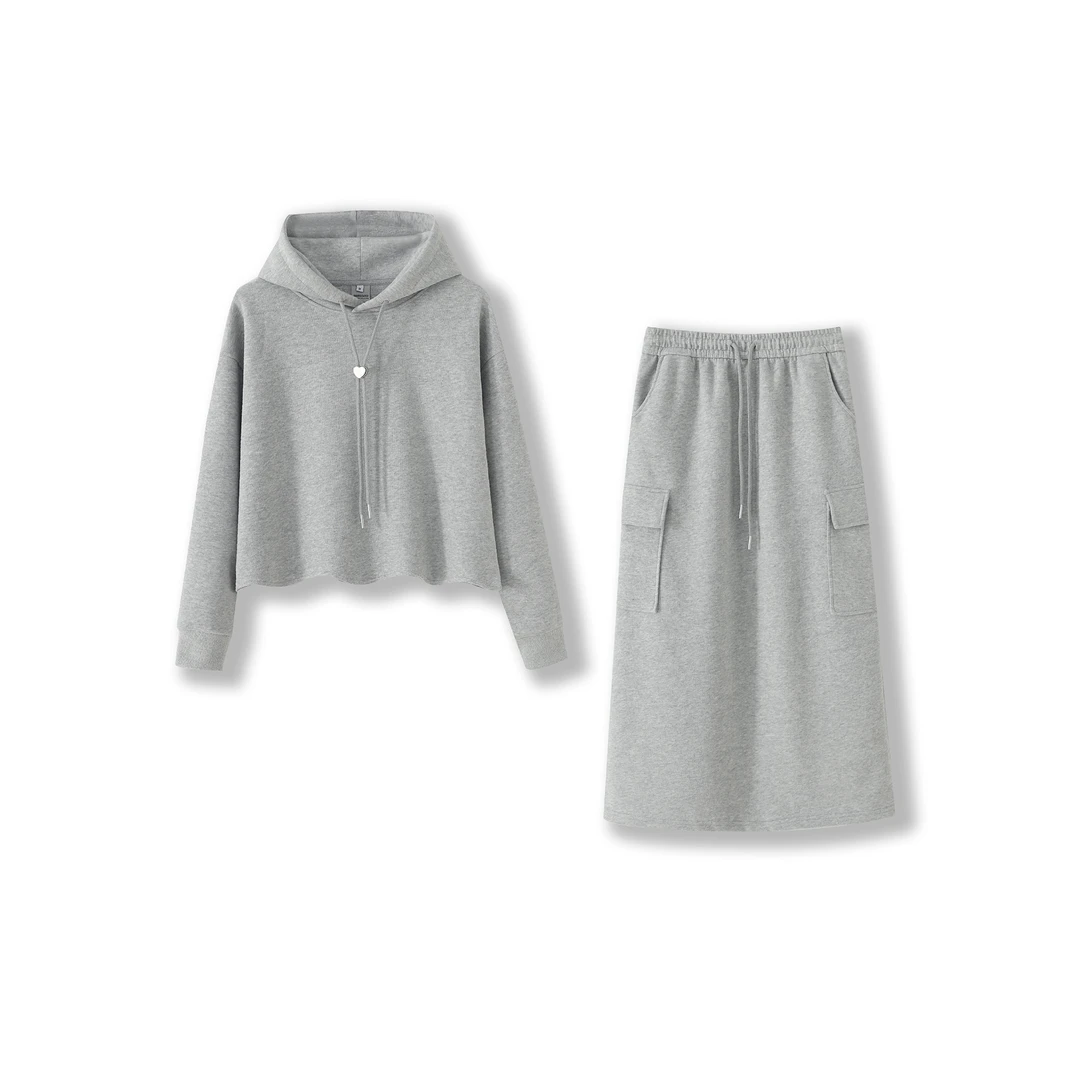 【MOMO】春季新款温柔性感连帽卫衣过膝长裙套装8173